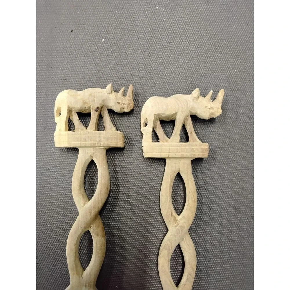 Handcarved Wooden Rhino Salad Servers African Safari Kitchen Utensils‎ Set